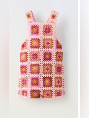 Zara Pink Crochet Square-Print Kids Pinafore